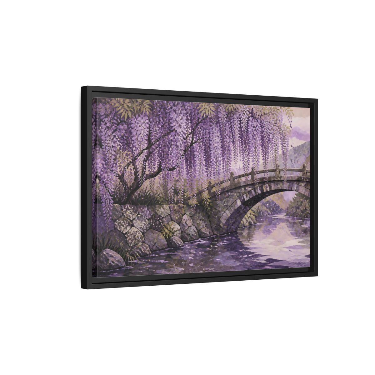 Side Mockup 3. Wisteria Over Stone Bridge shown as framed canvas print