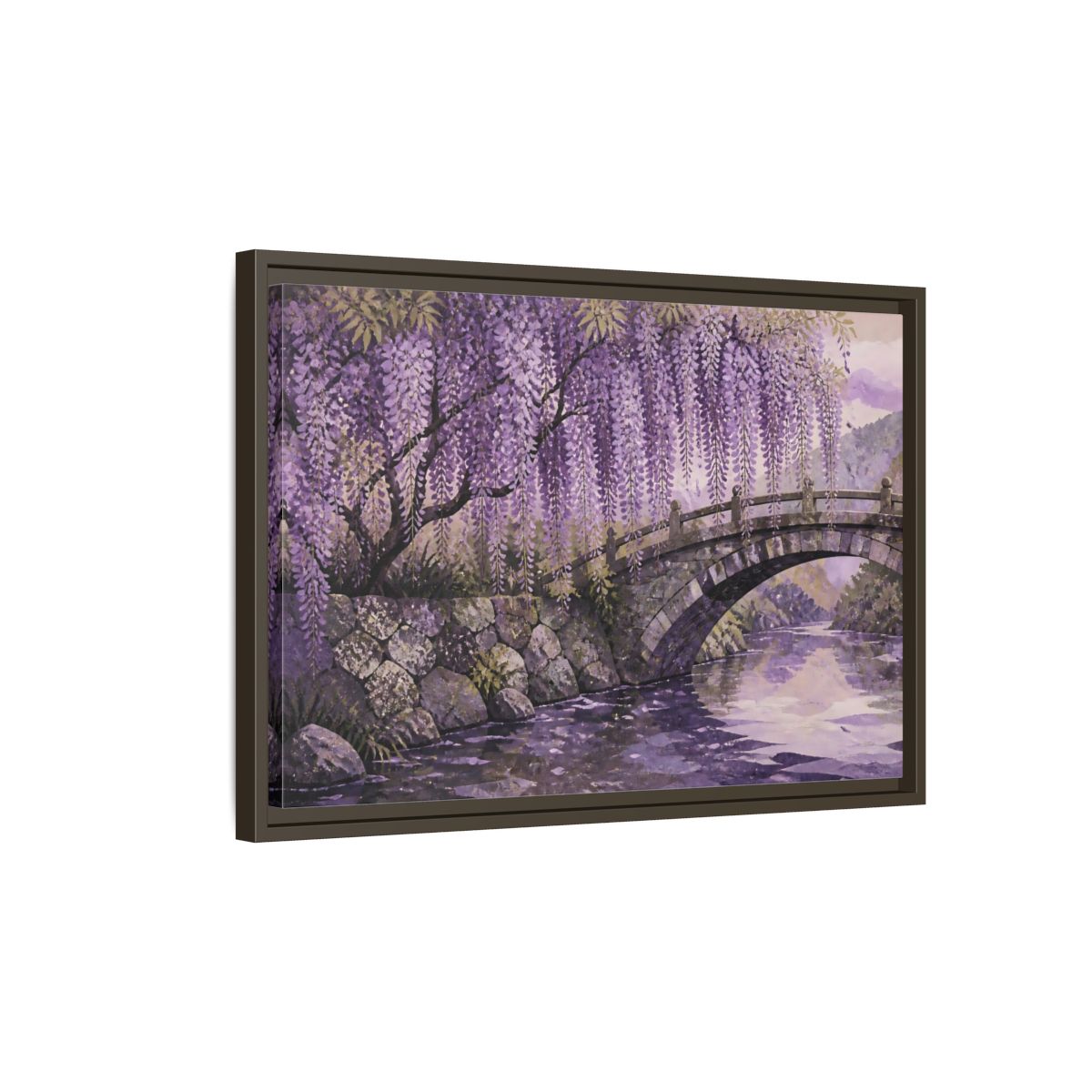 Side Mockup 2. Wisteria Over Stone Bridge shown as framed canvas print