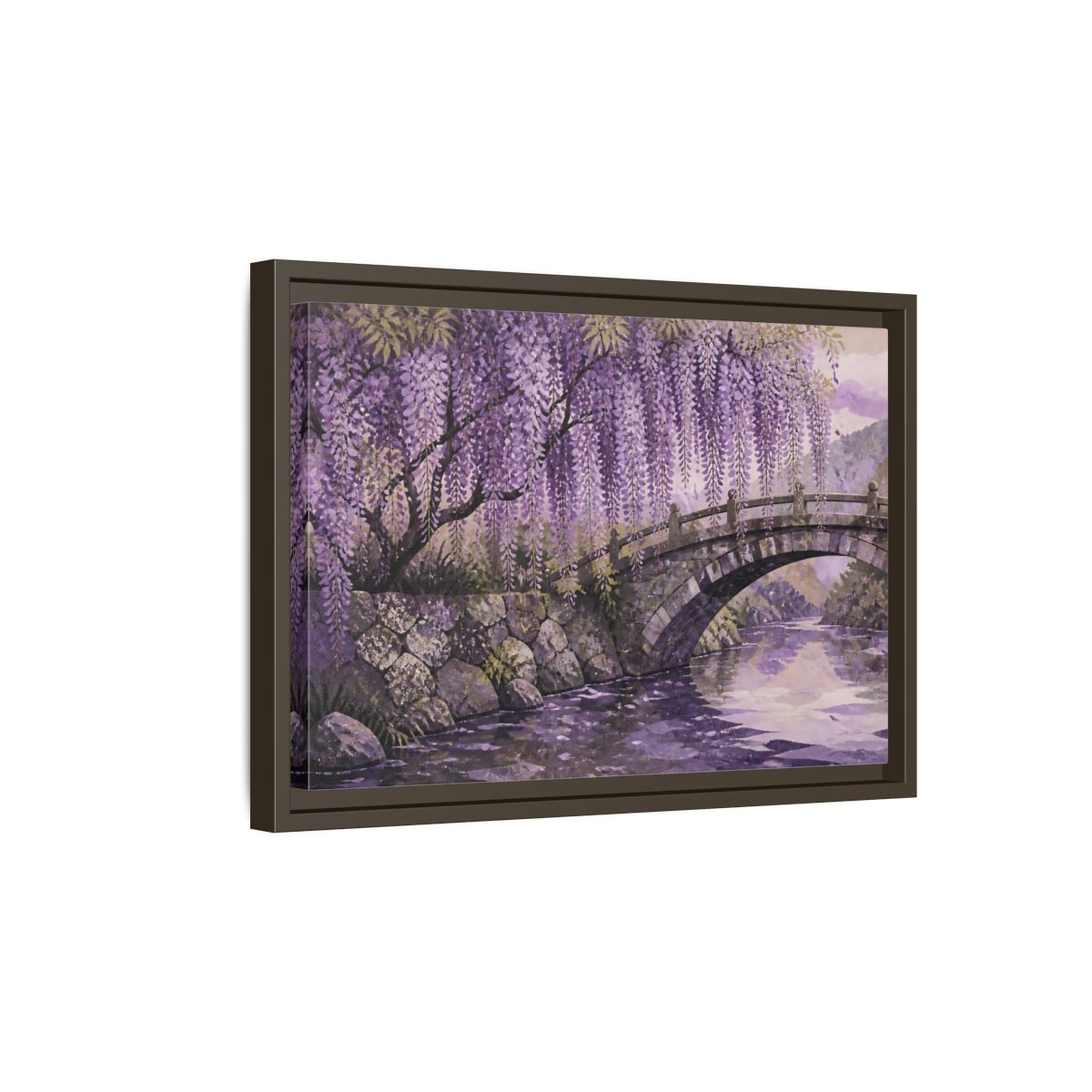 Side Mockup 5. Wisteria Over Stone Bridge shown as framed canvas print