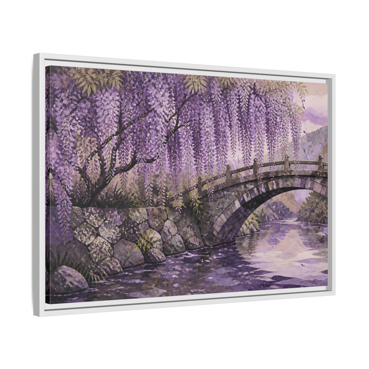 Side Mockup 10. Wisteria Over Stone Bridge shown as framed canvas print