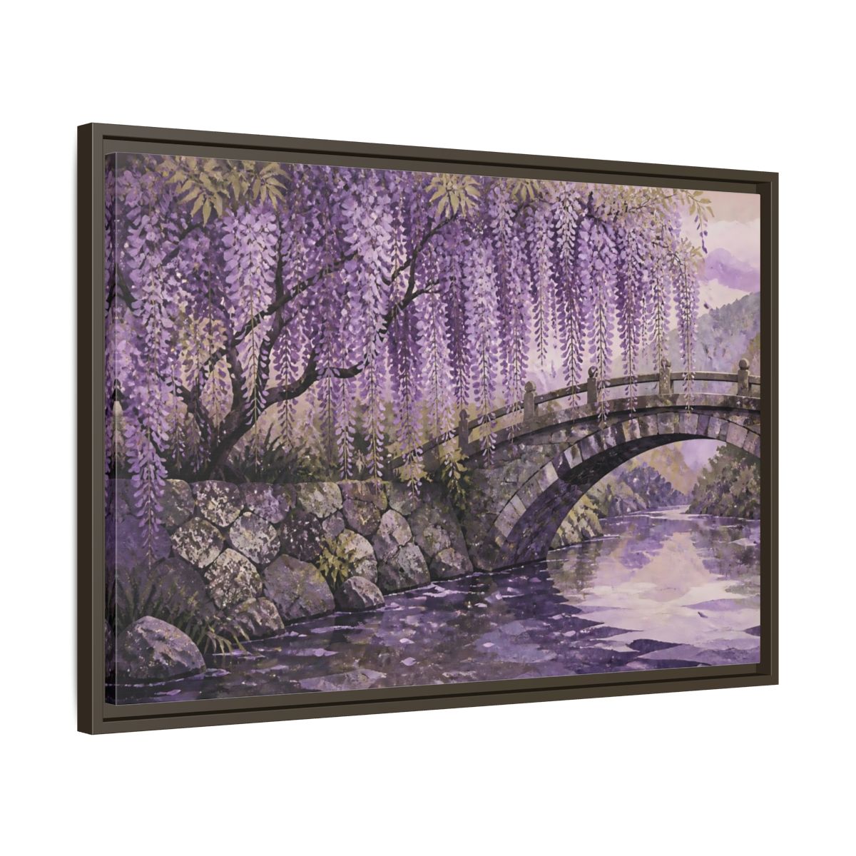 Side Mockup 11. Wisteria Over Stone Bridge shown as framed canvas print