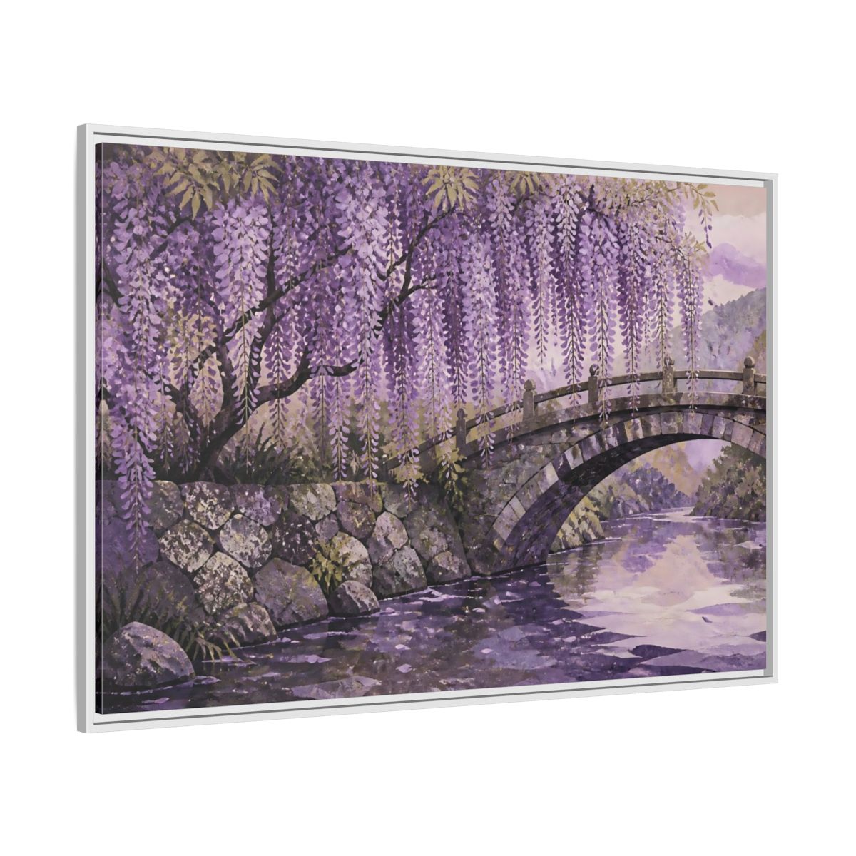 Side Mockup 7. Wisteria Over Stone Bridge shown as framed canvas print
