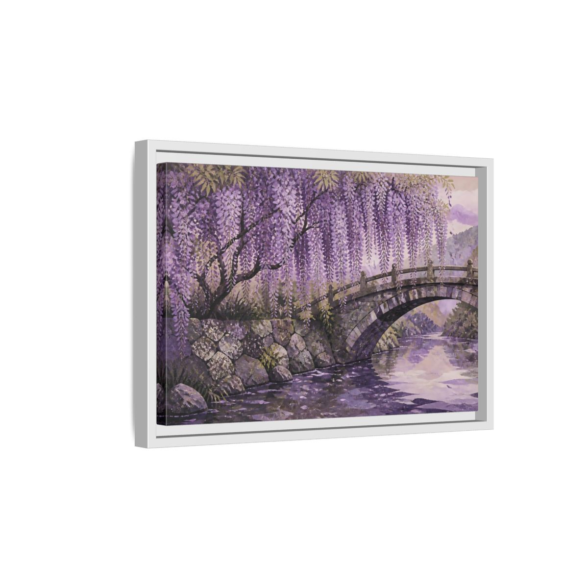Side Mockup 4. Wisteria Over Stone Bridge shown as framed canvas print