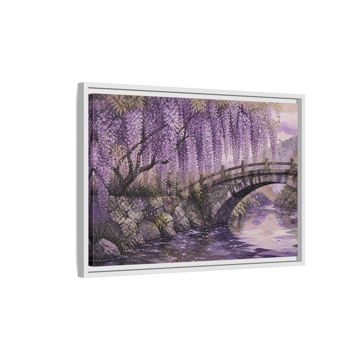 Side Mockup 1. Wisteria Over Stone Bridge shown as framed canvas print