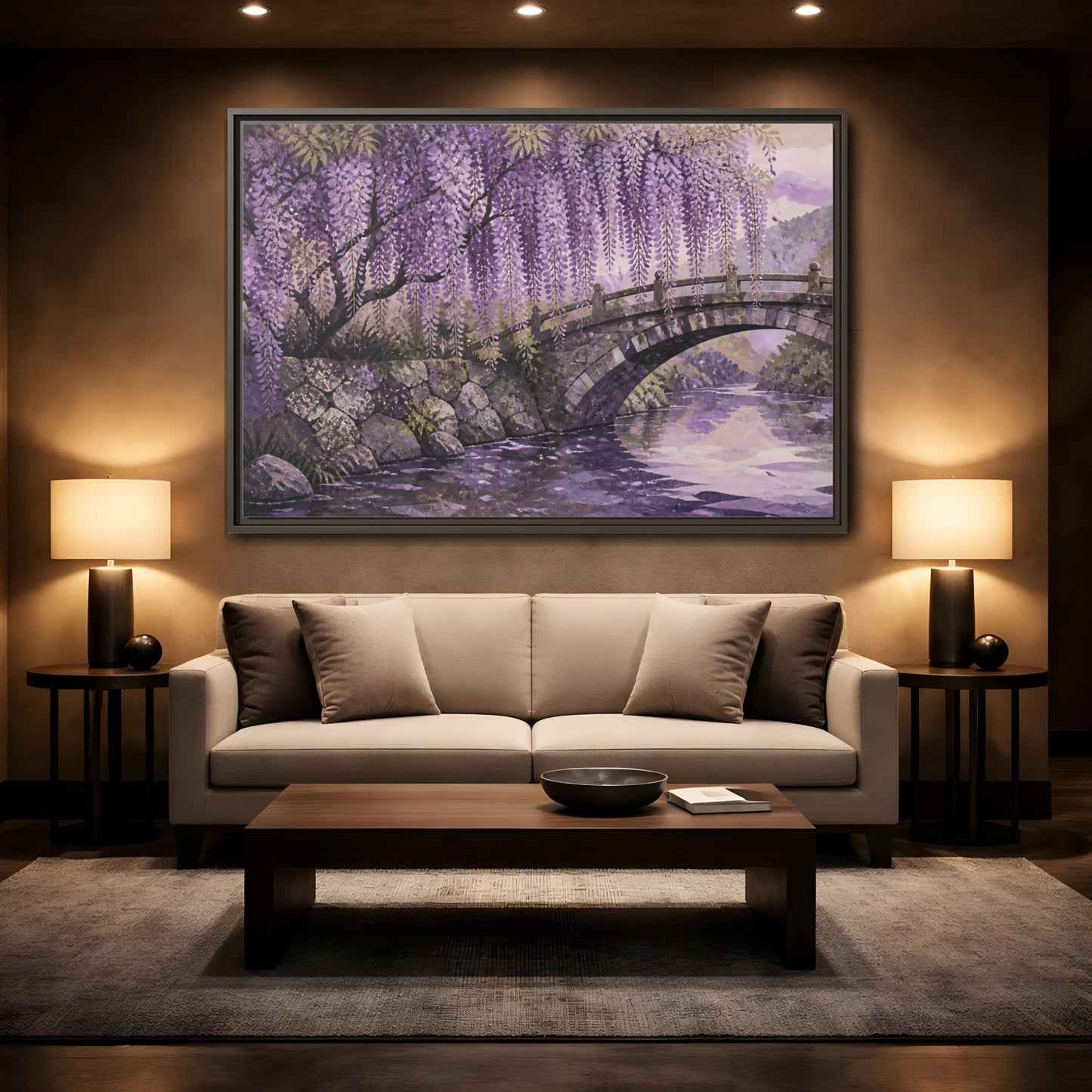 Mockup 2. Wisteria Over Stone Bridge shown as framed canvas print