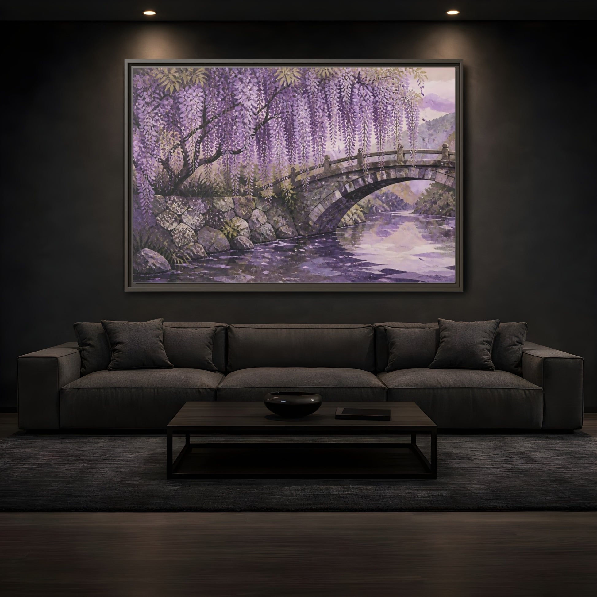 Mockup 3. Wisteria Over Stone Bridge shown as framed canvas print