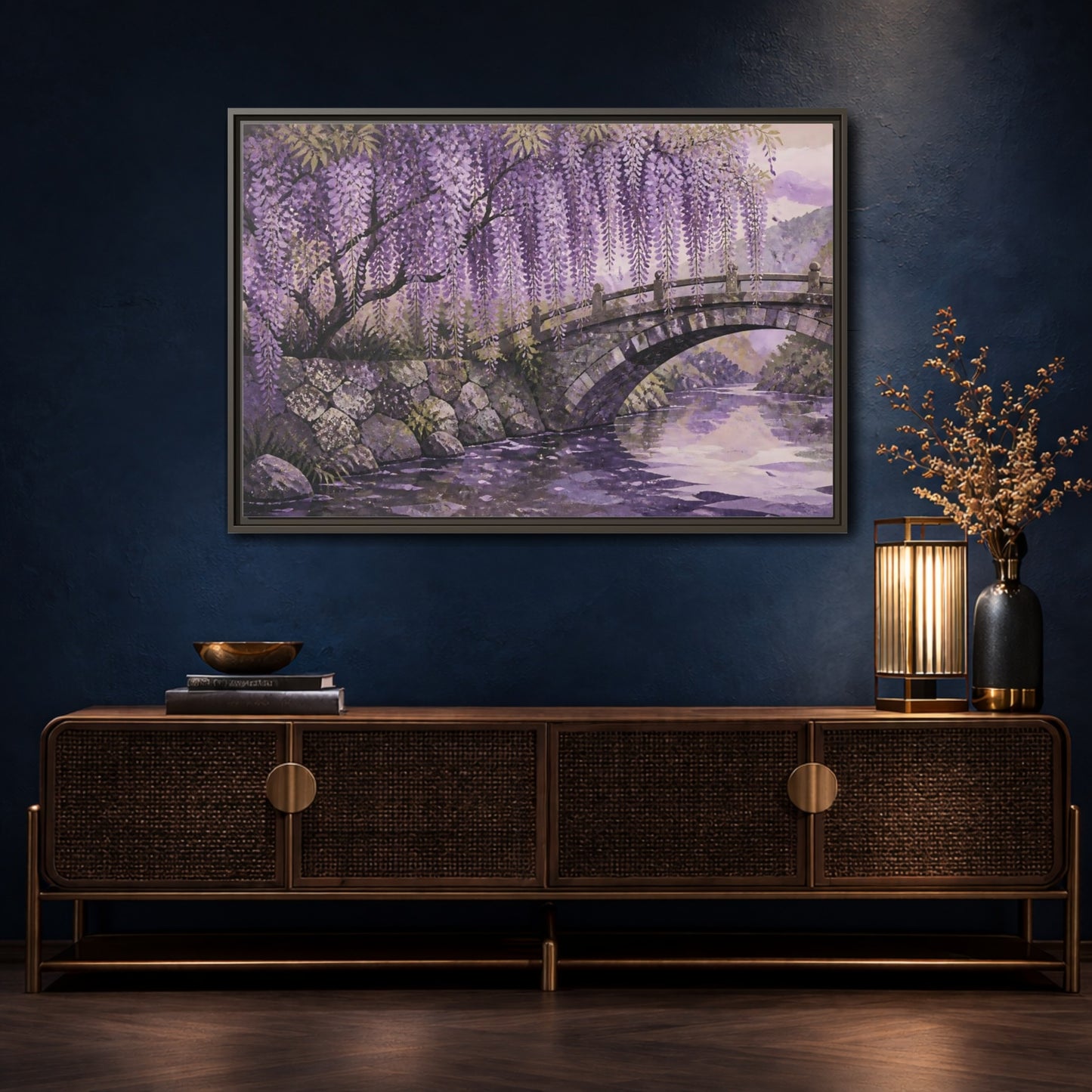 Mockup 4. Wisteria Over Stone Bridge shown as framed canvas print