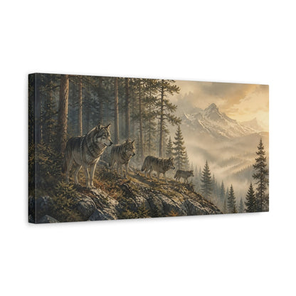 Side Mockup 3. Wolf Pack In Pine Forest shown as canvas print