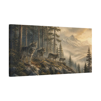 Side Mockup 1. Wolf Pack In Pine Forest shown as canvas print