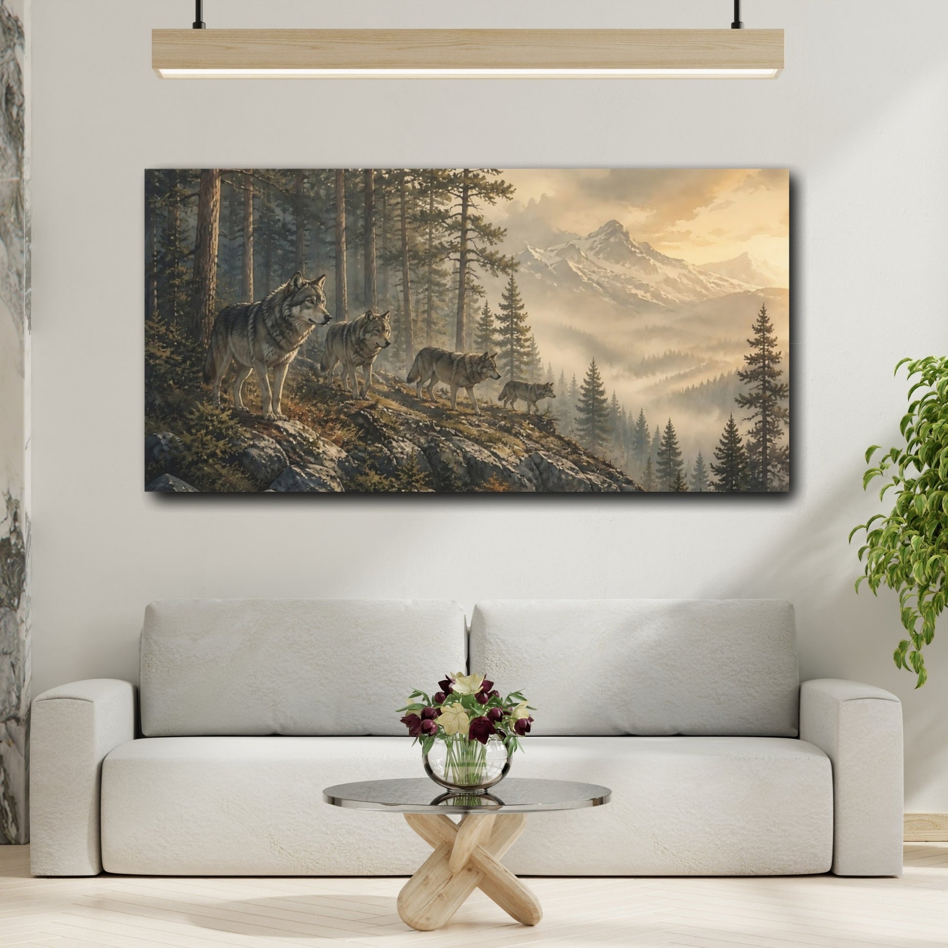 Mockup 2. Wolf Pack In Pine Forest shown as canvas print