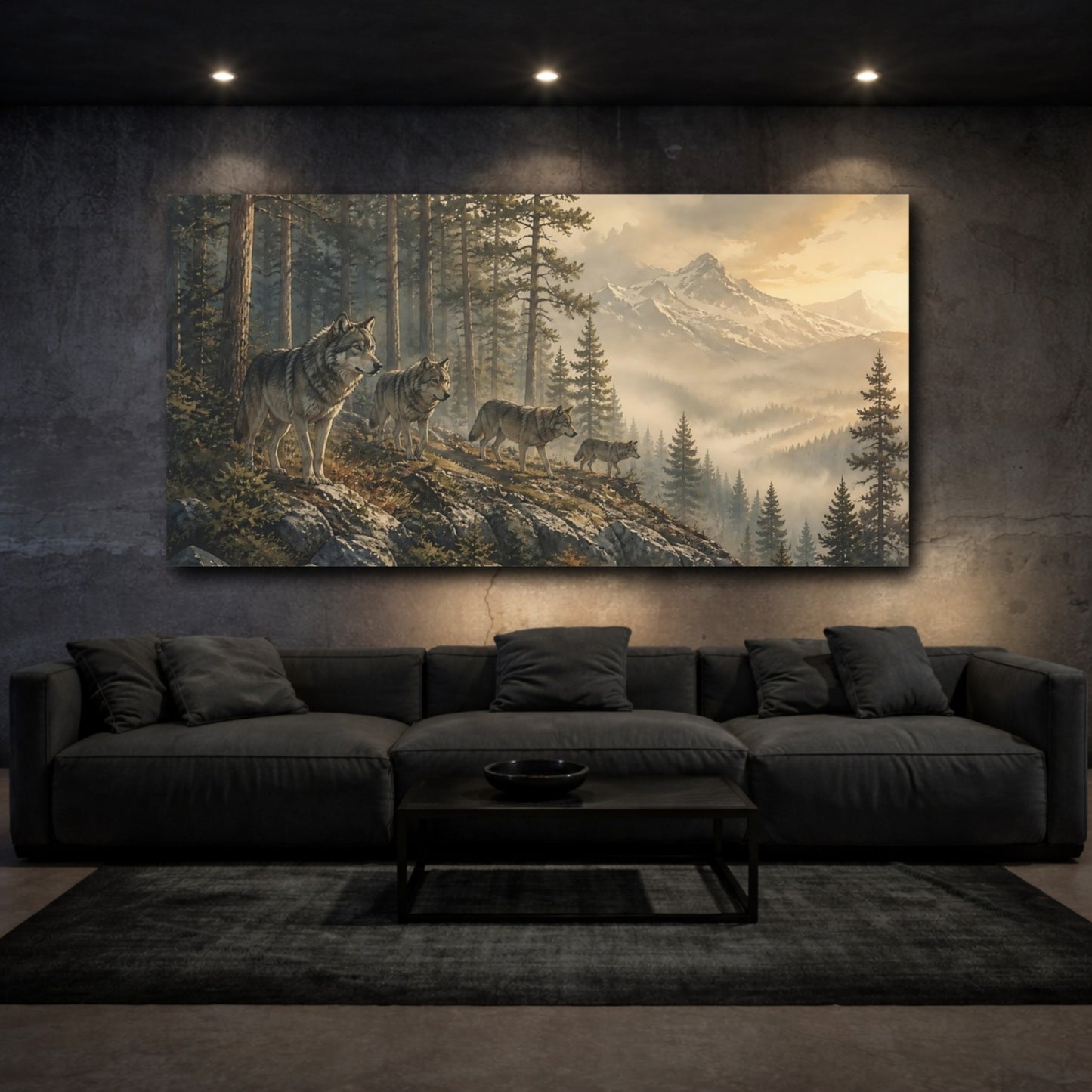 Mockup 3. Wolf Pack In Pine Forest shown as canvas print