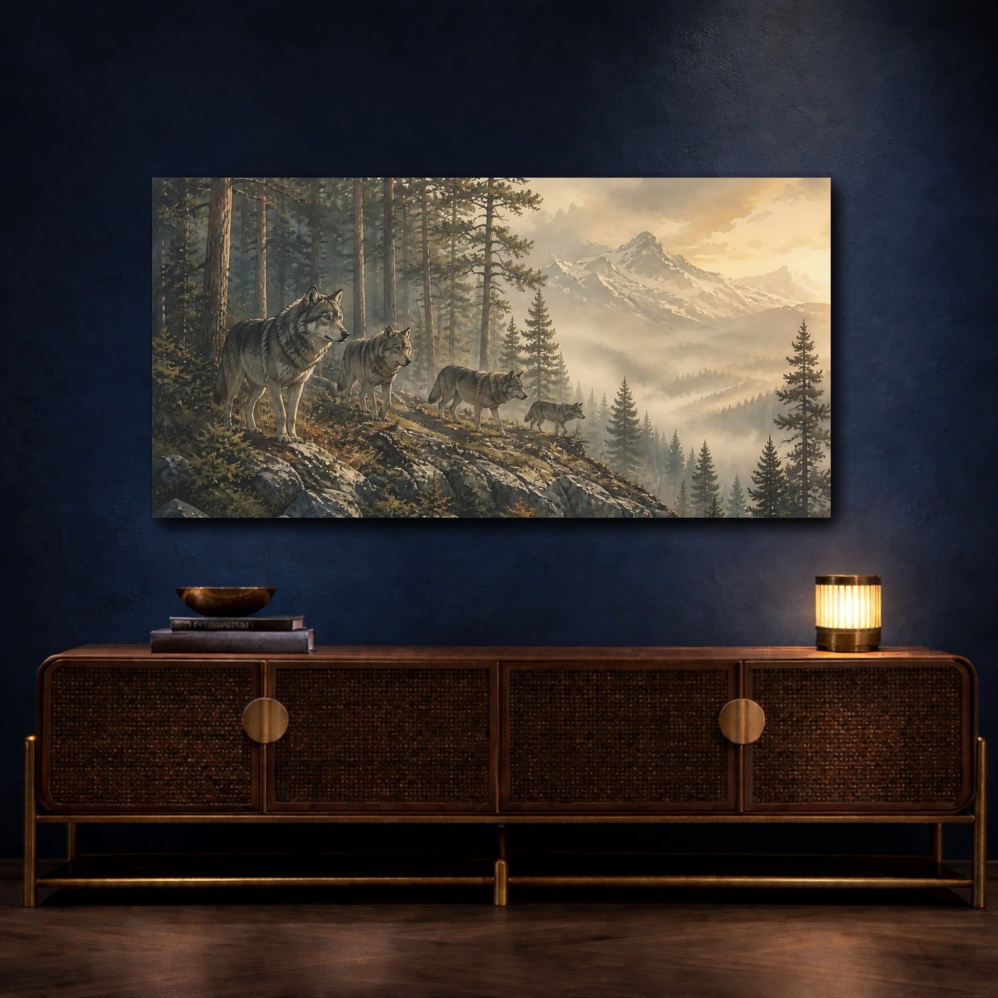 Mockup 4. Wolf Pack In Pine Forest shown as canvas print