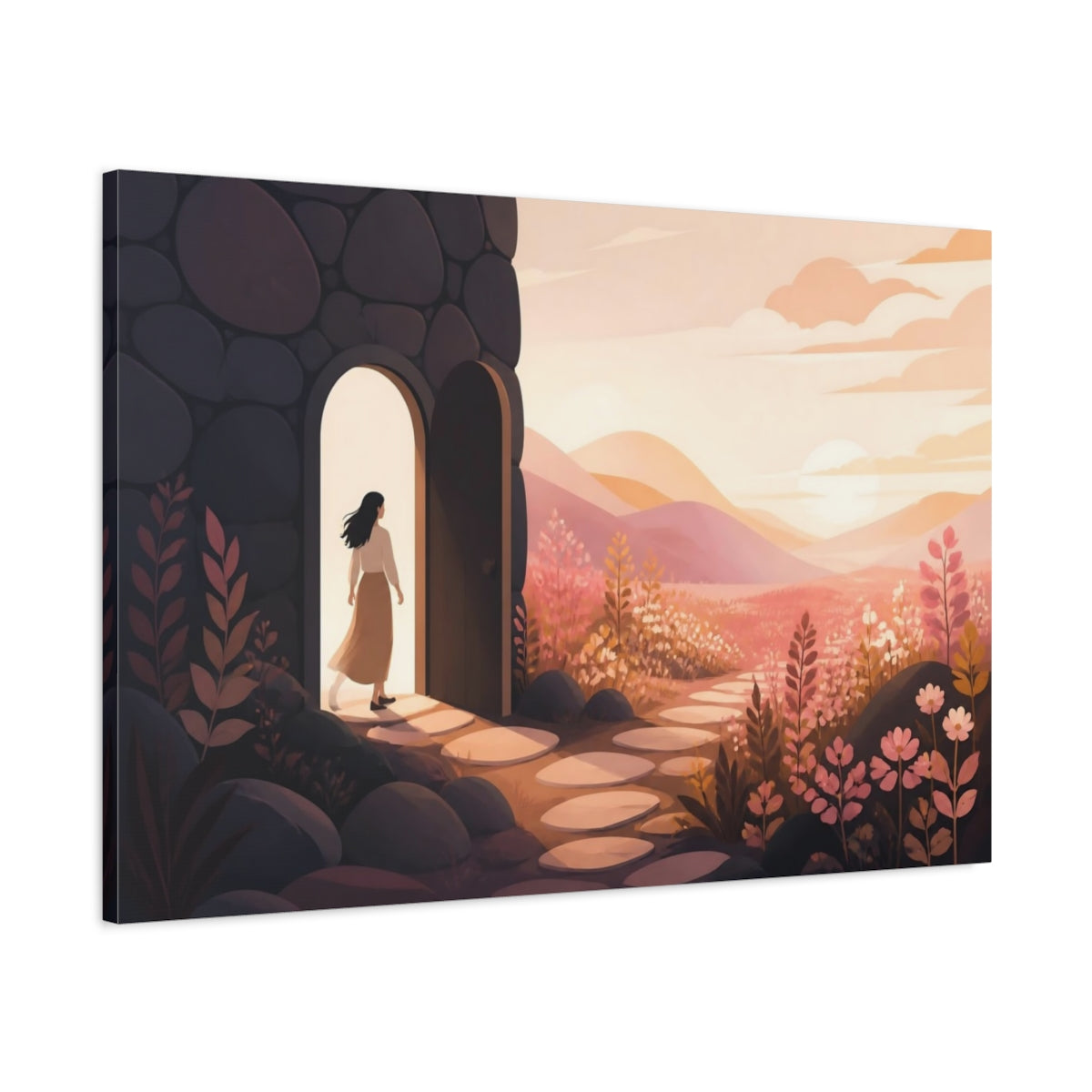 Main Mockup. Woman At Doorway Sunset shown as canvas print