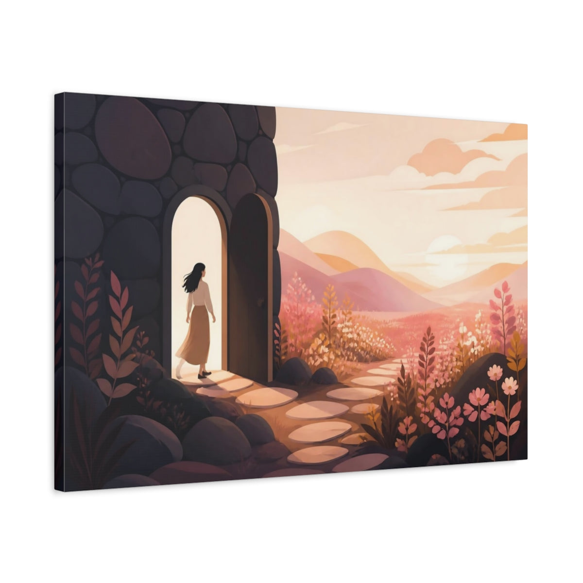 Side Mockup 2. Woman At Doorway Sunset shown as canvas print