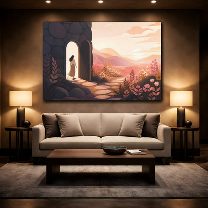 Mockup 2. Woman At Doorway Sunset shown as canvas print
