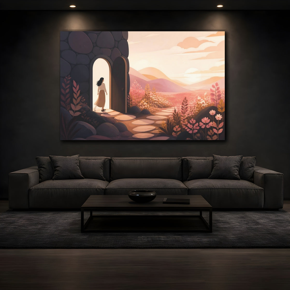 Mockup 3. Woman At Doorway Sunset shown as canvas print