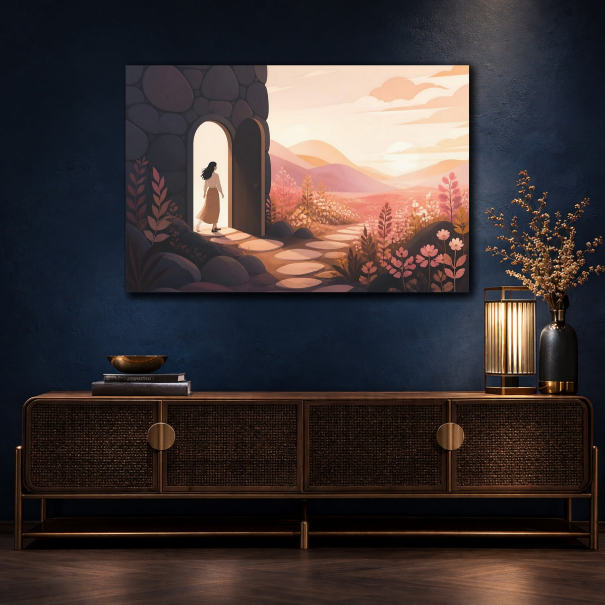 Mockup 4. Woman At Doorway Sunset shown as canvas print