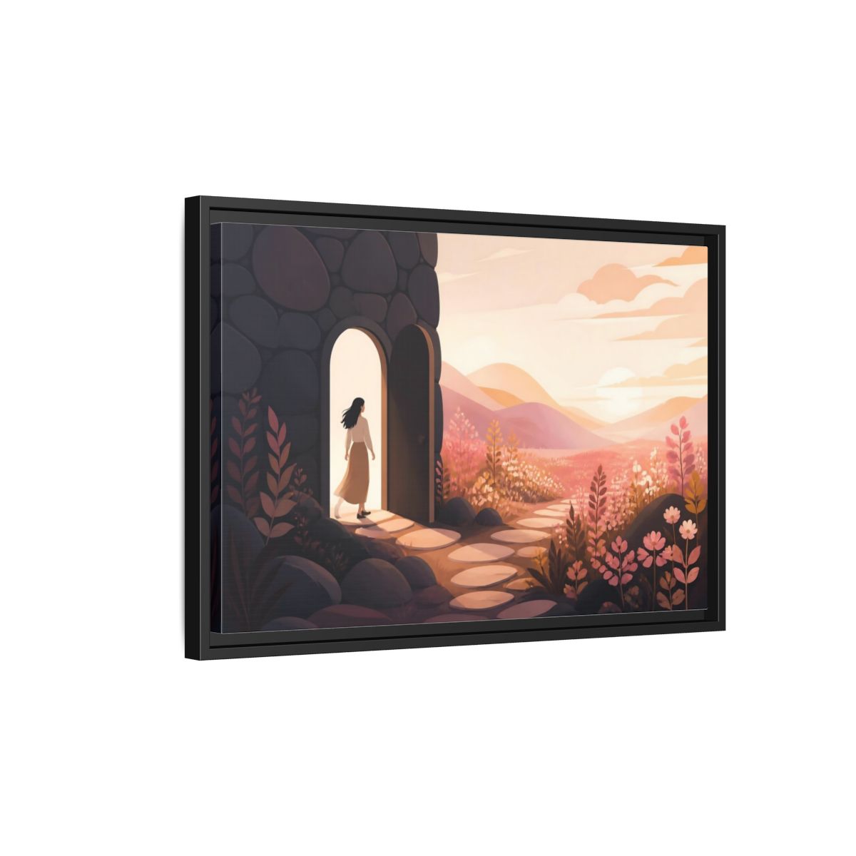 Side Mockup 3. Woman At Sunset Doorway shown as framed canvas print