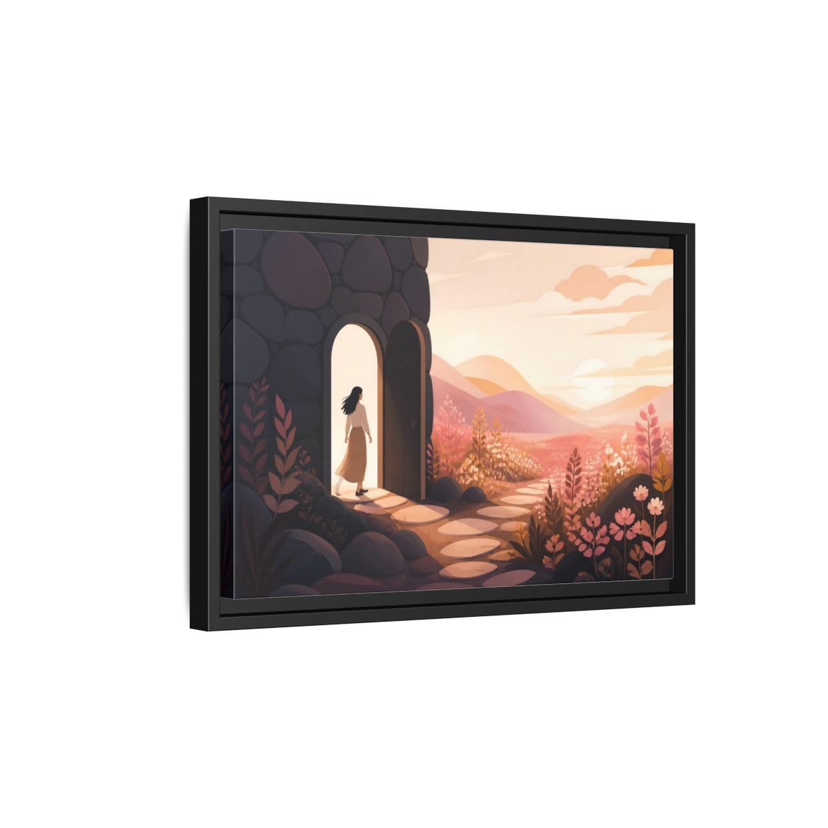 Side Mockup 6. Woman At Sunset Doorway shown as framed canvas print