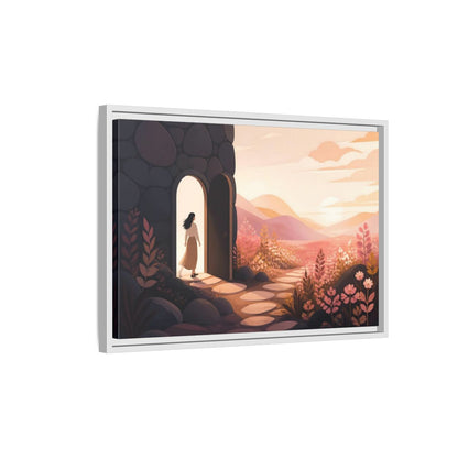 Side Mockup 1. Woman At Sunset Doorway shown as framed canvas print