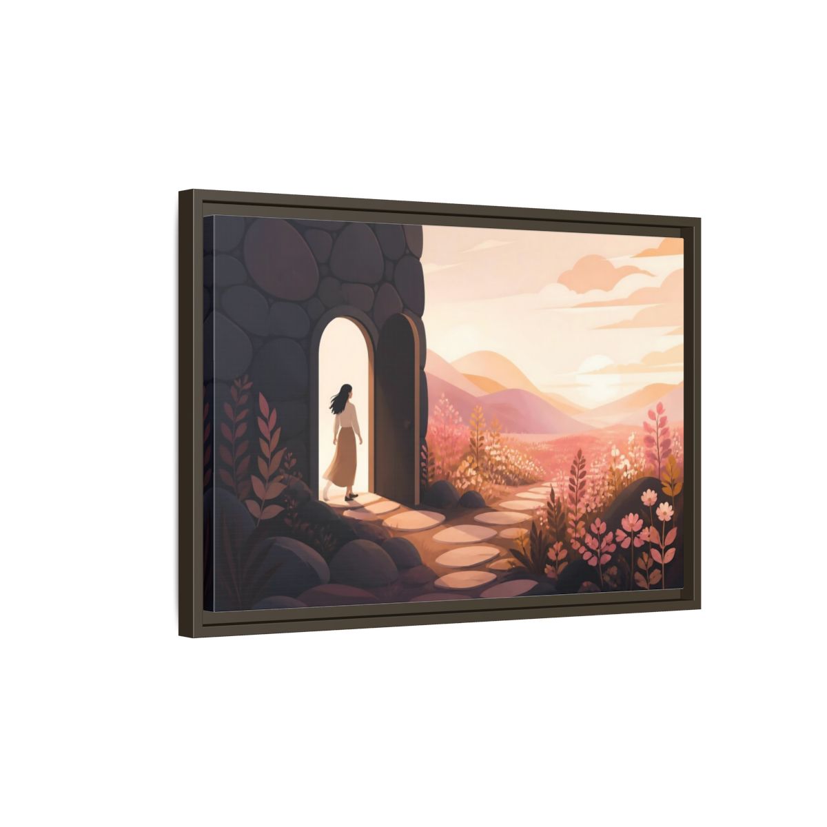 Side Mockup 2. Woman At Sunset Doorway shown as framed canvas print
