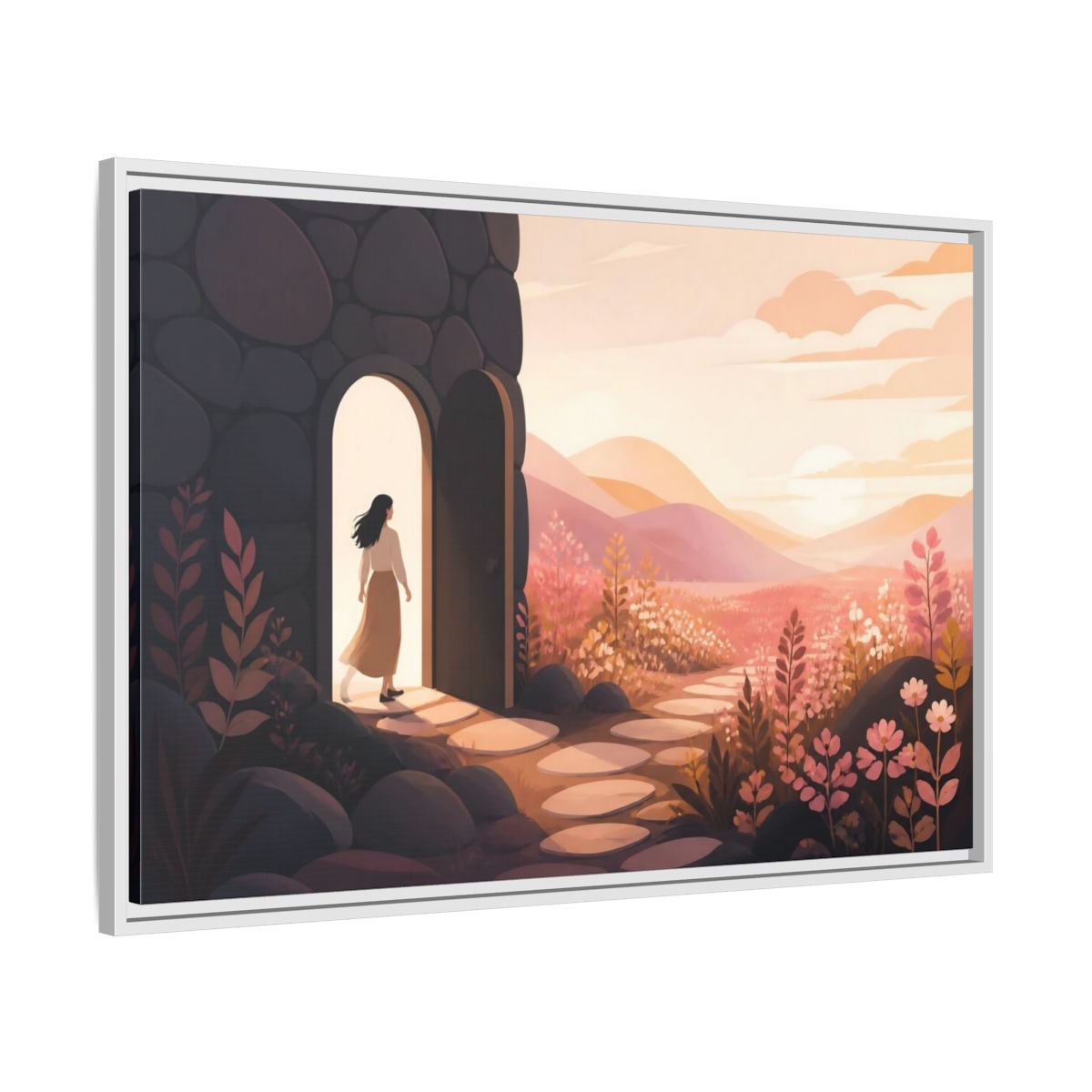Side Mockup 9. Woman At Sunset Doorway shown as framed canvas print