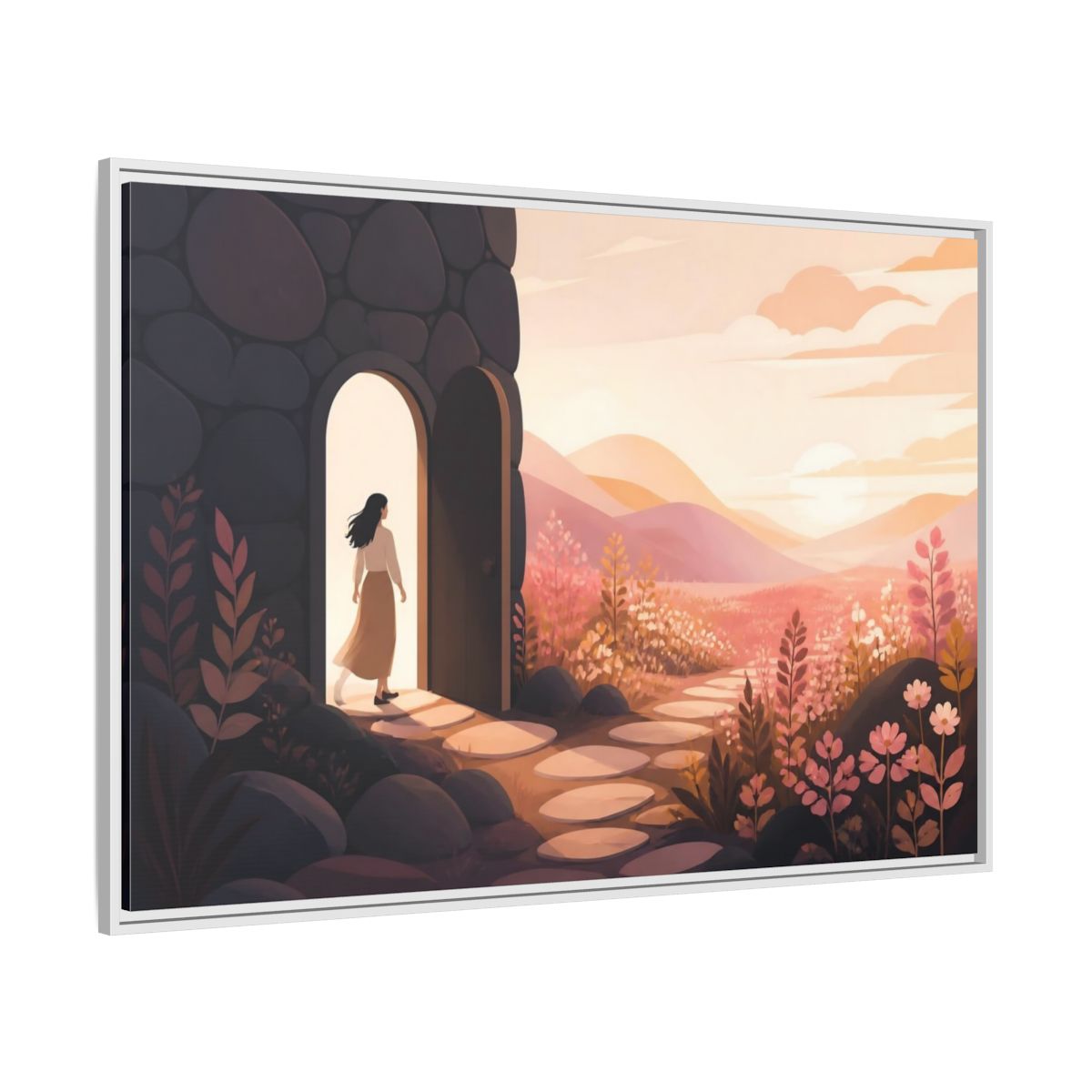 Side Mockup 7. Woman At Sunset Doorway shown as framed canvas print