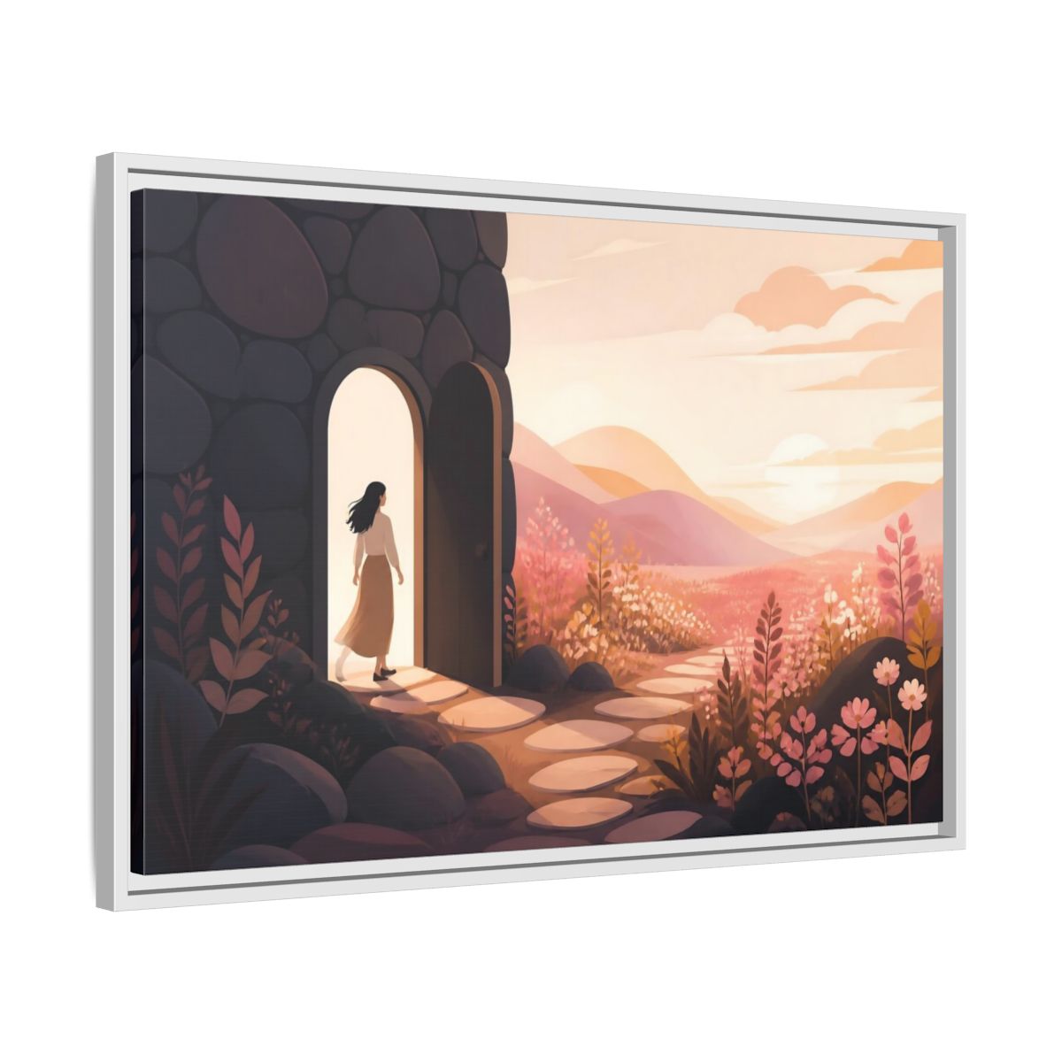 Side Mockup 10. Woman At Sunset Doorway shown as framed canvas print