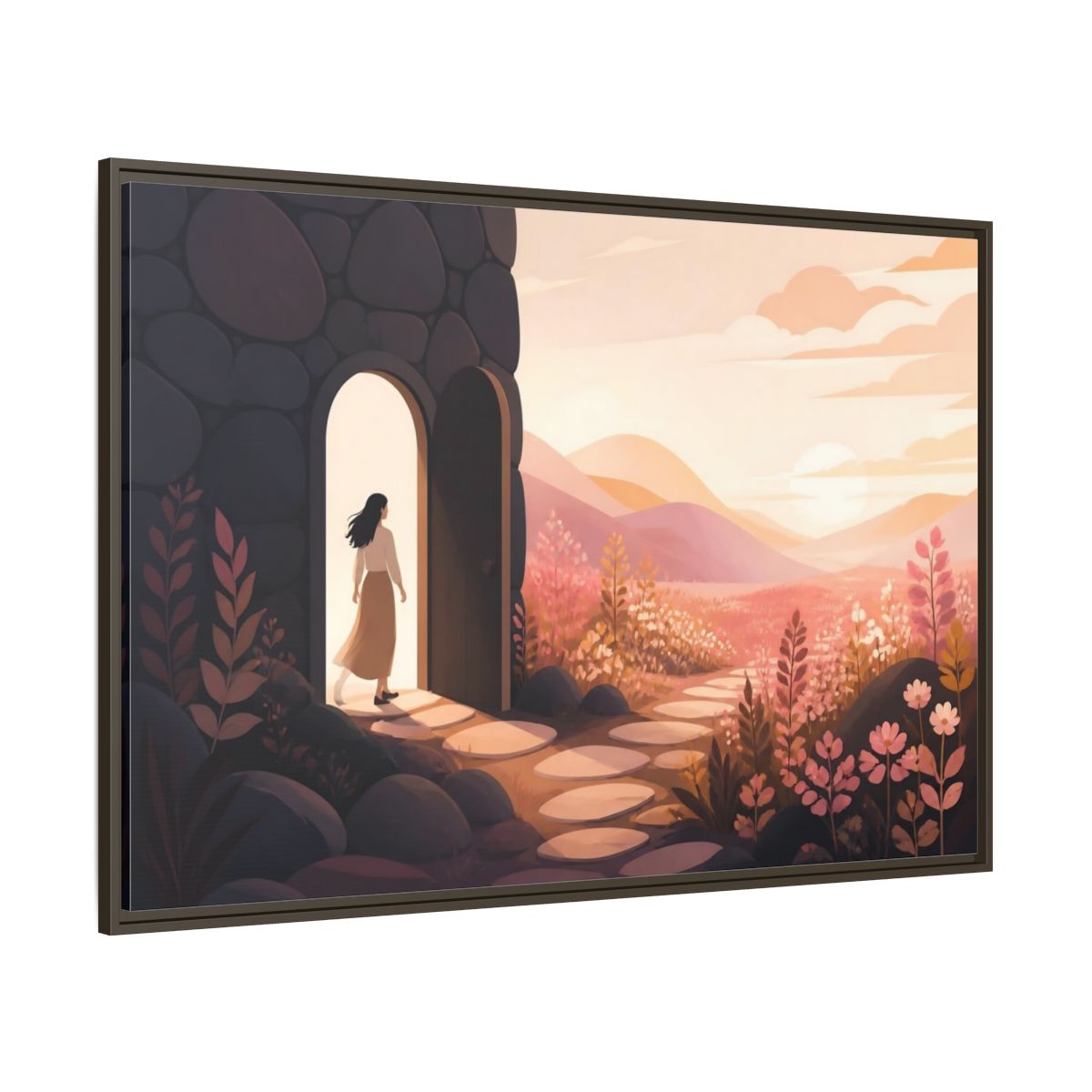 Side Mockup 8. Woman At Sunset Doorway shown as framed canvas print