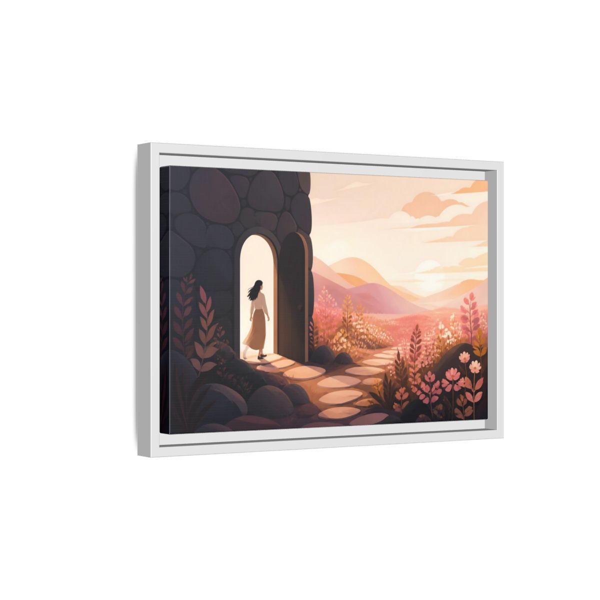 Side Mockup 4. Woman At Sunset Doorway shown as framed canvas print