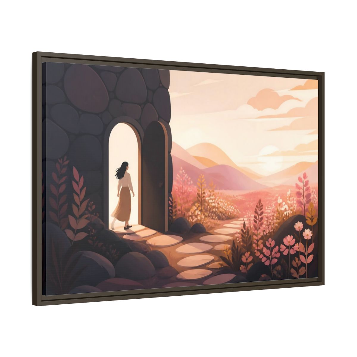 Main Mockup. Woman At Sunset Doorway shown as framed canvas print