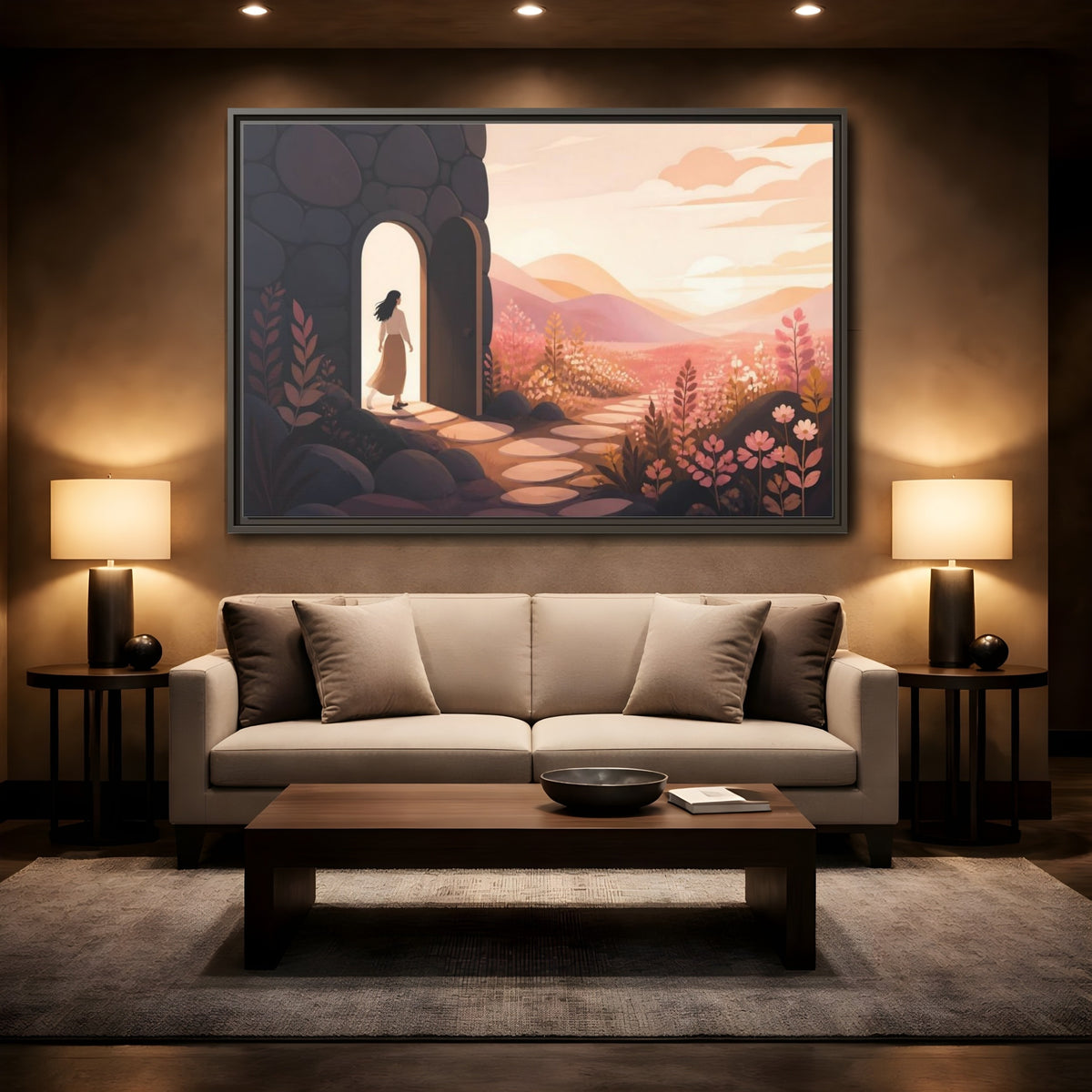 Mockup 2. Woman At Sunset Doorway shown as framed canvas print