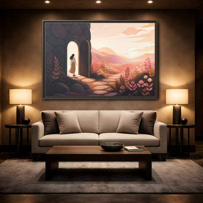Mockup 2. Woman At Sunset Doorway shown as framed canvas print