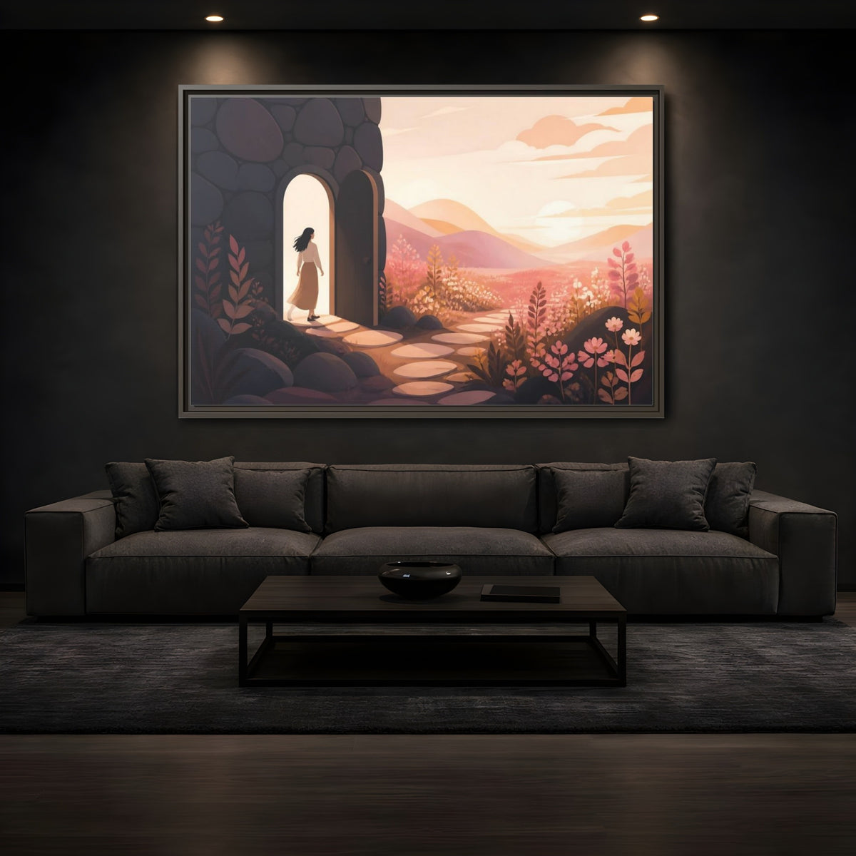 Mockup 3. Woman At Sunset Doorway shown as framed canvas print