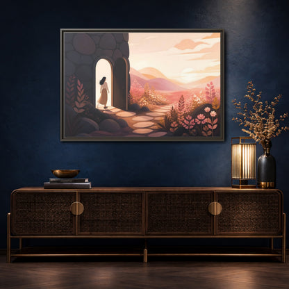 Mockup 4. Woman At Sunset Doorway shown as framed canvas print