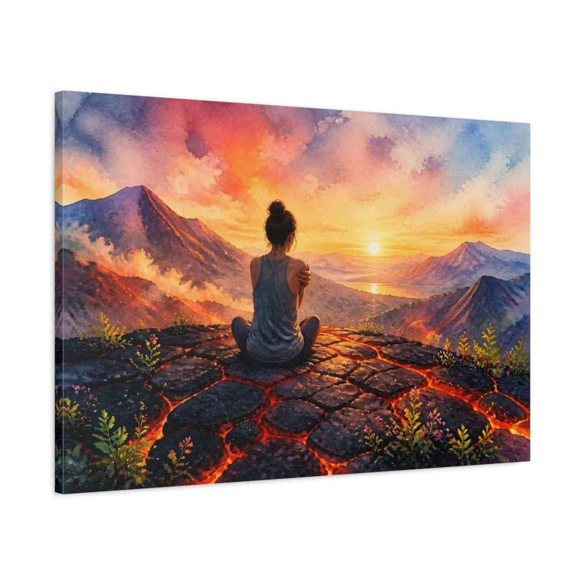Main Mockup. Woman At Volcanic Sunset shown as canvas print