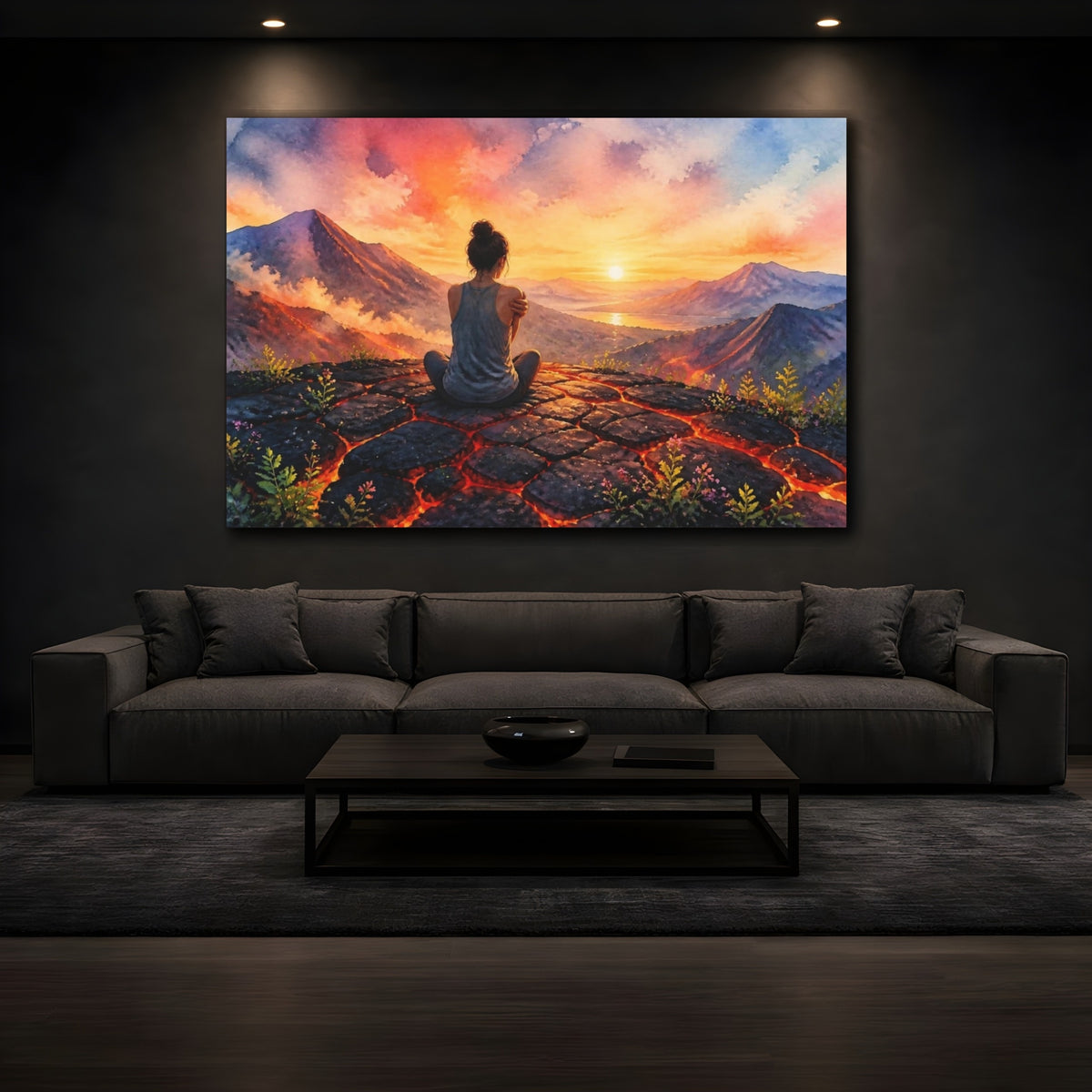 Mockup 3. Woman At Volcanic Sunset shown as canvas print