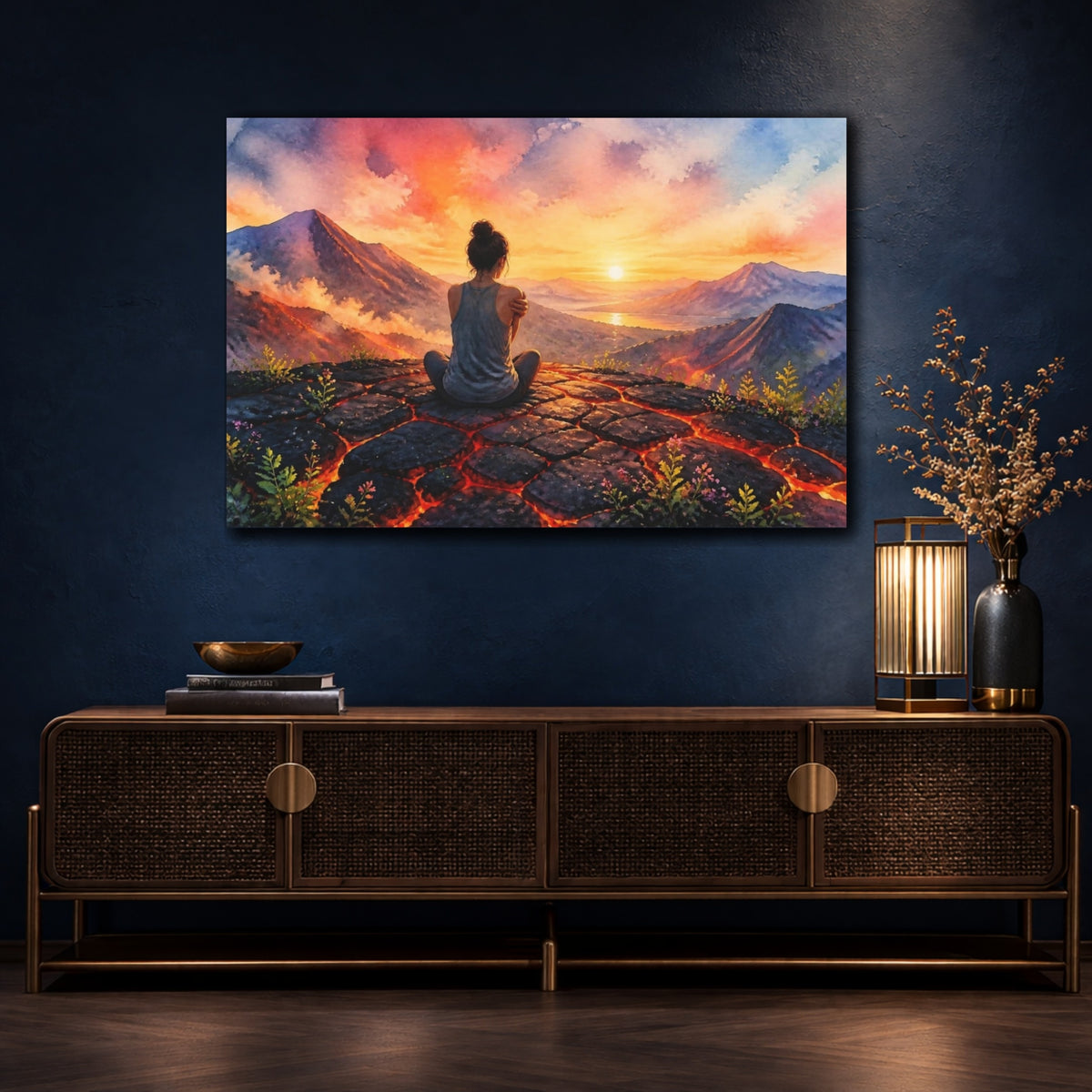 Mockup 4. Woman At Volcanic Sunset shown as canvas print