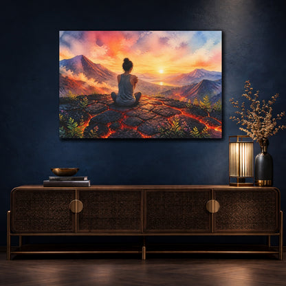 Mockup 4. Woman At Volcanic Sunset shown as canvas print