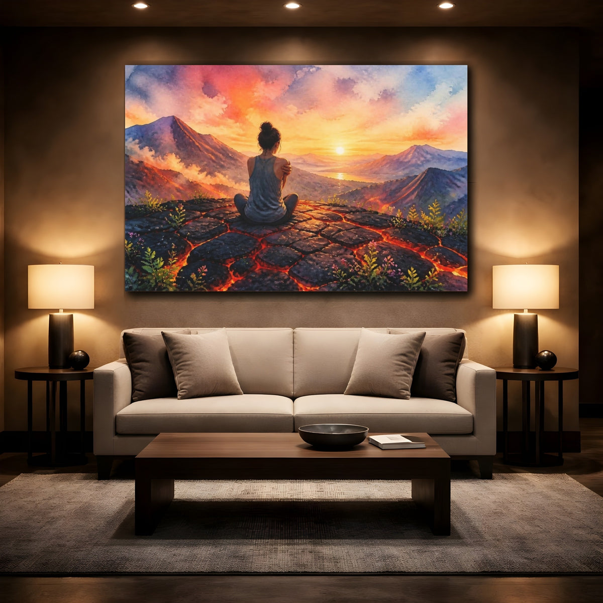 Mockup 2. Woman Watching Sunset shown as canvas print
