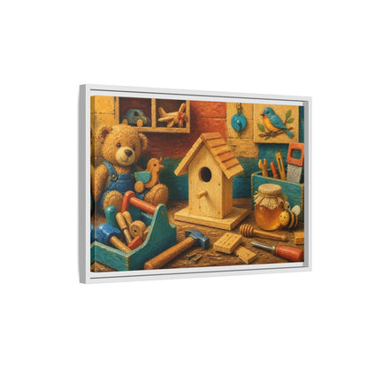 Side Mockup 1. Wooden Birdhouse Workshop shown as framed canvas print