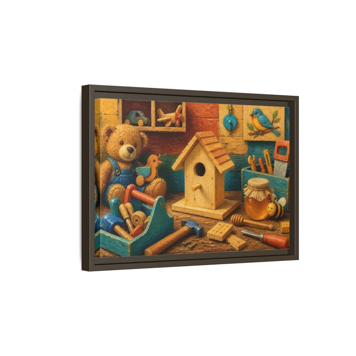 Side Mockup 5. Wooden Birdhouse Workshop shown as framed canvas print