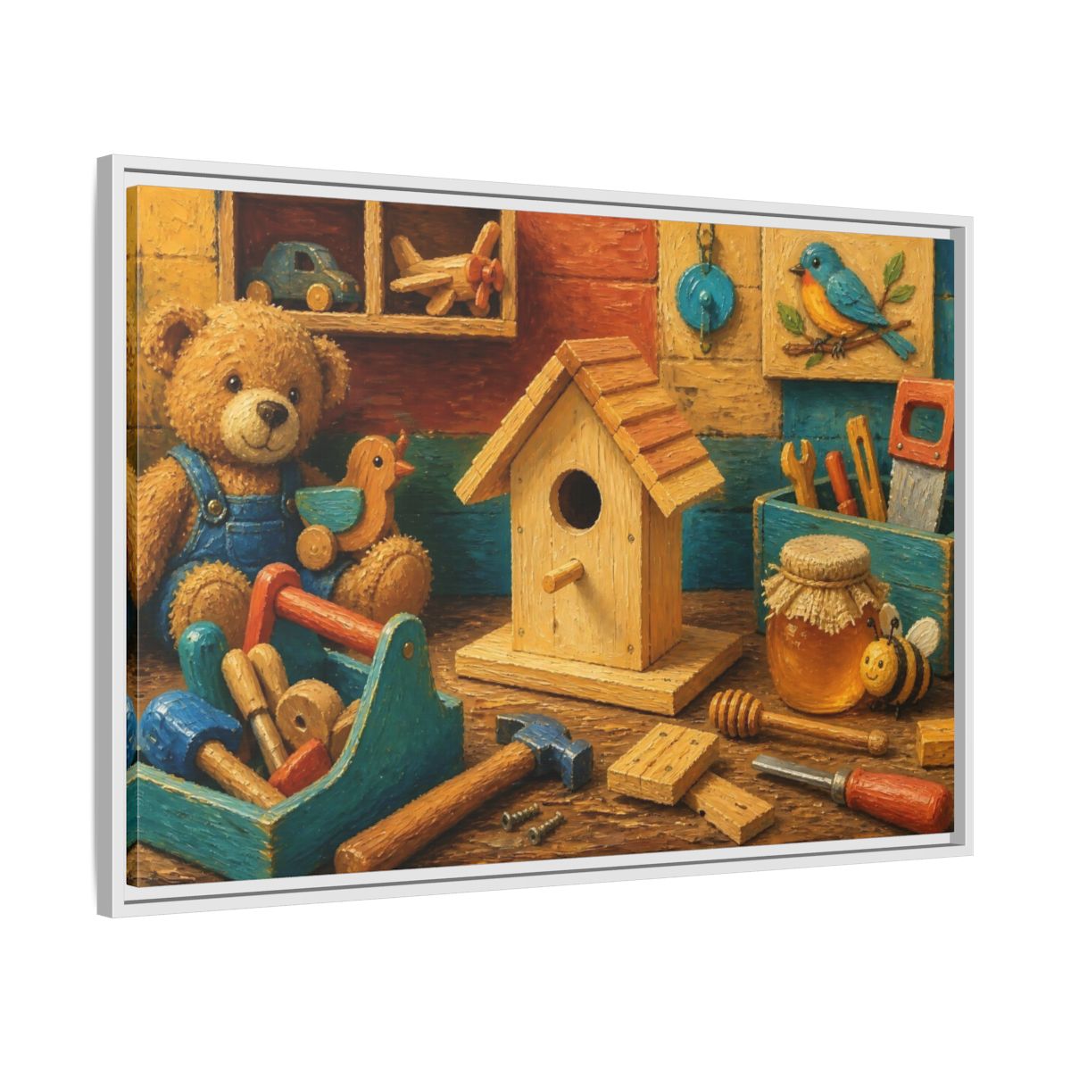 Side Mockup 9. Wooden Birdhouse Workshop shown as framed canvas print