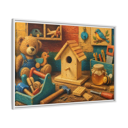 Side Mockup 9. Wooden Birdhouse Workshop shown as framed canvas print