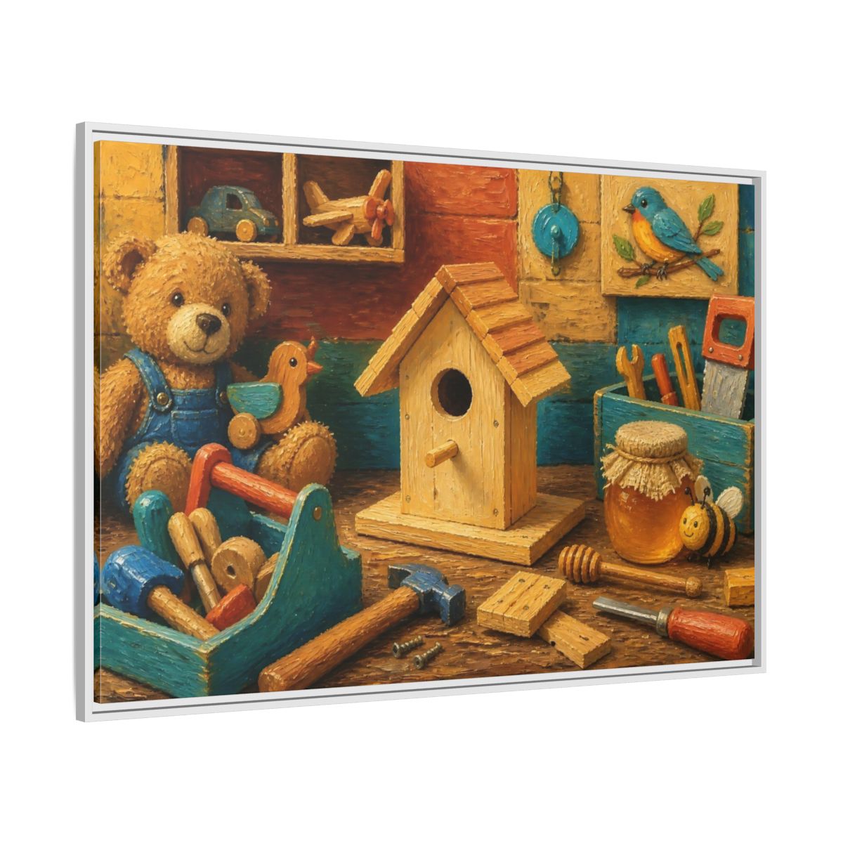 Side Mockup 7. Wooden Birdhouse Workshop shown as framed canvas print