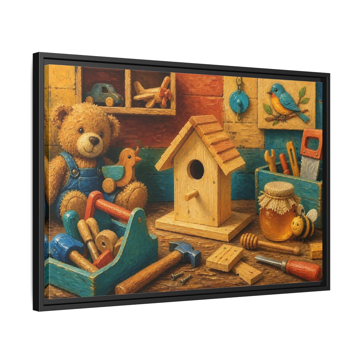 Side Mockup 14. Wooden Birdhouse Workshop shown as framed canvas print