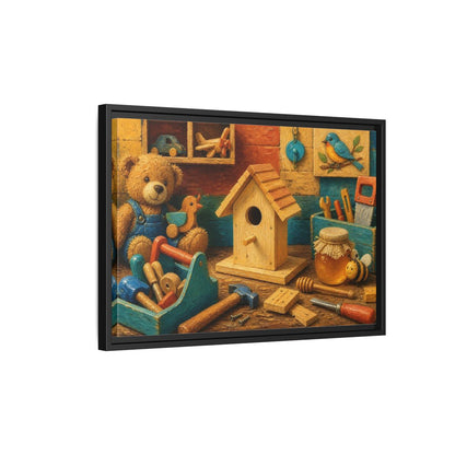 Side Mockup 3. Wooden Birdhouse Workshop shown as framed canvas print