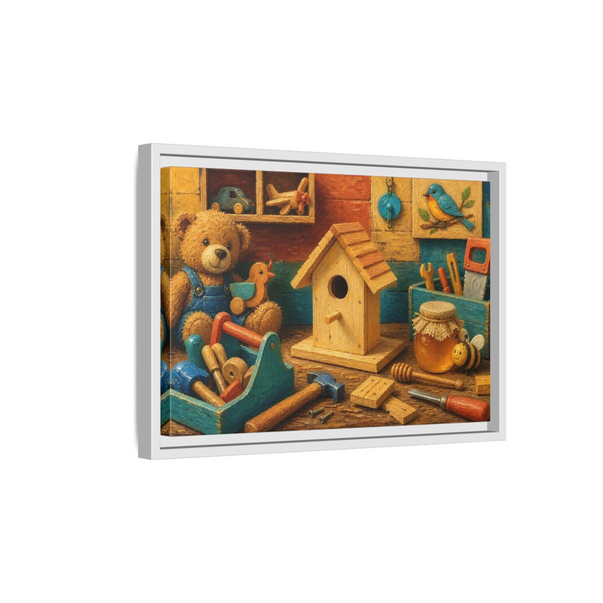 Side Mockup 4. Wooden Birdhouse Workshop shown as framed canvas print