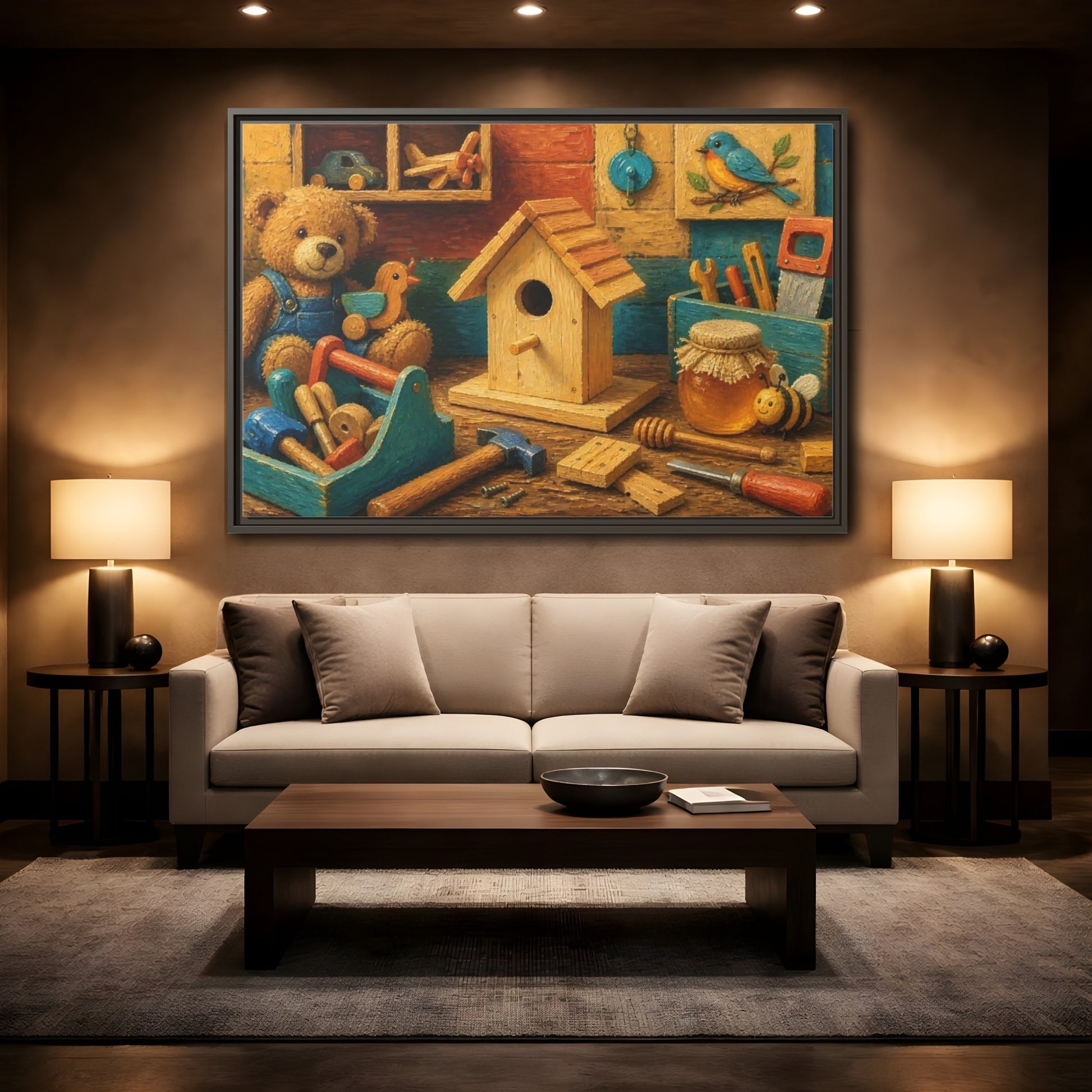 Mockup 2. Wooden Birdhouse Workshop shown as framed canvas print