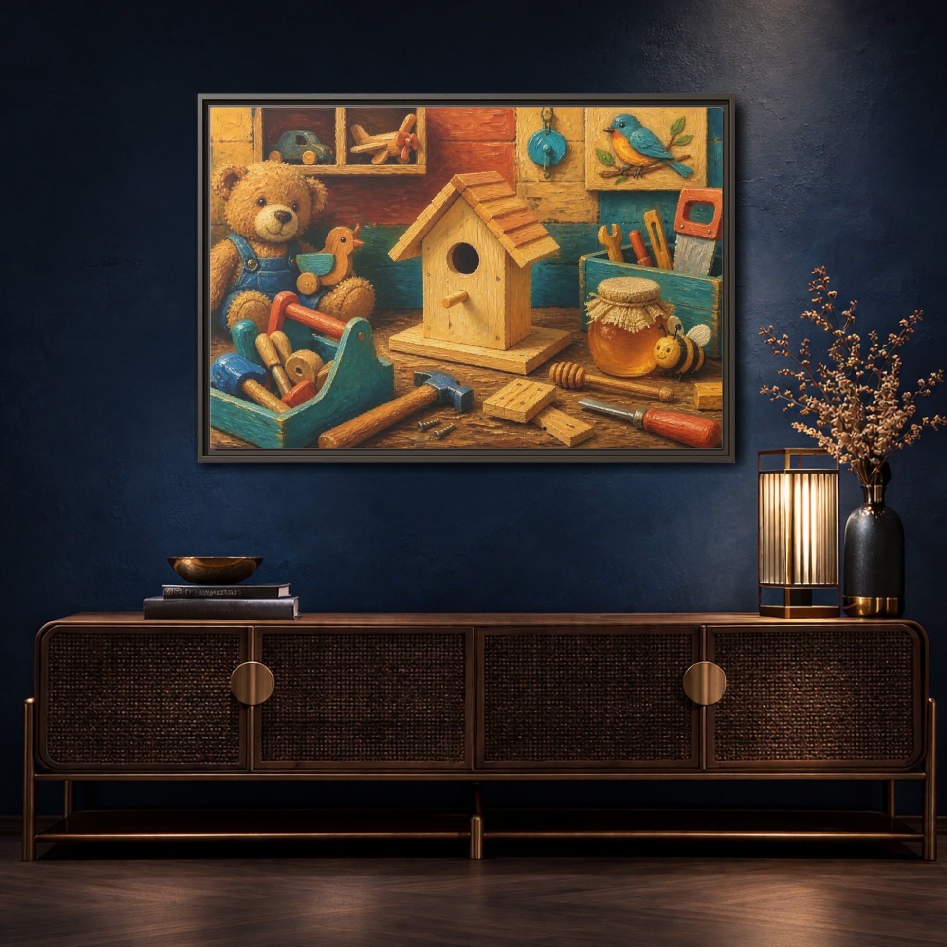 Mockup 4. Wooden Birdhouse Workshop shown as framed canvas print